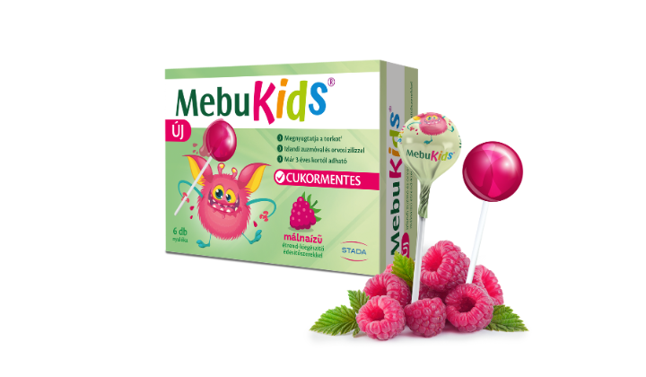 MebuKids izlandi zuzmó és orvosi ziliz tartalmú, málnaízű étrend-kiegészítő nyalóka édesítőszerekkel