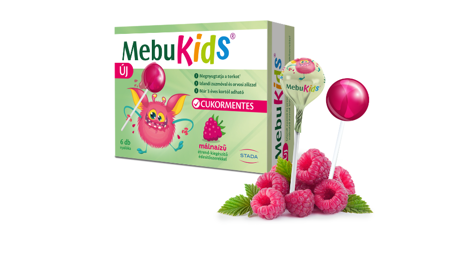 MebuKids izlandi zuzmó és orvosi ziliz tartalmú, málnaízű étrend-kiegészítő nyalóka édesítőszerekkel